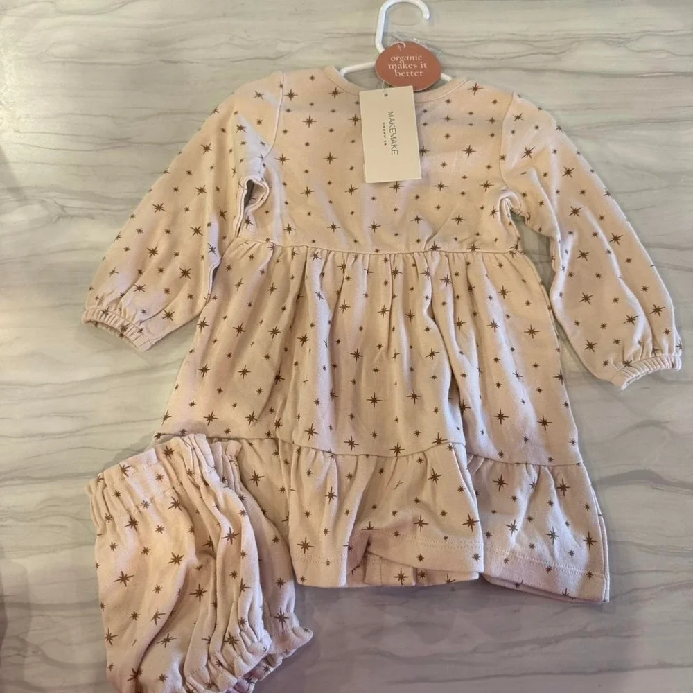 Makemake Organic Cotton Dress and Bloomer Set Stars Button Down Tiered 18-24m